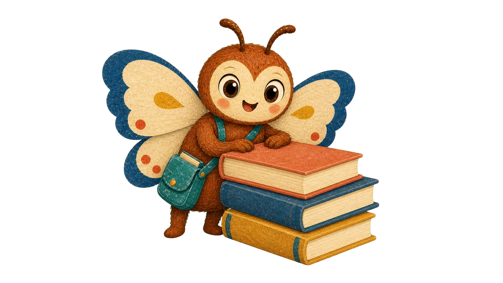 Pip peeking over a stack of children's books
